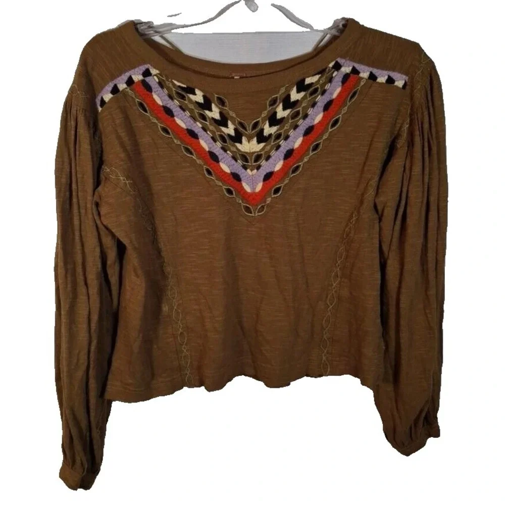 Free People Brown Cropped Shirt with Colorful Design at neck size XS Boho